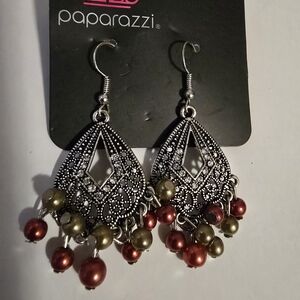 paparazzi Silver Filigree Teardrop Earrings with Red and Olive Beads
